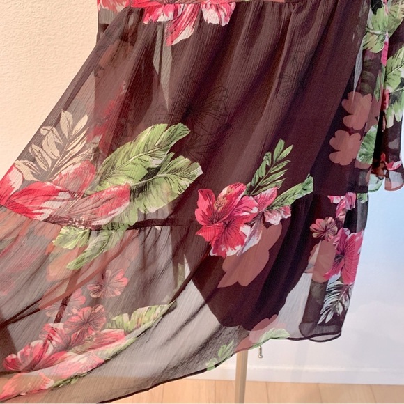 EXPRESS Brown Hibiscus Flower Floral Print Babydoll Chiffon Dress - Picture 4 of 11